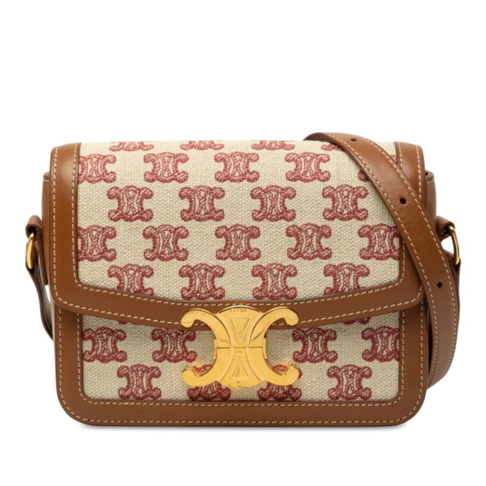 Celine Triomphe Teen Crossbody Shoulder Bag, Beige Brown Canvas Leather, Wome...